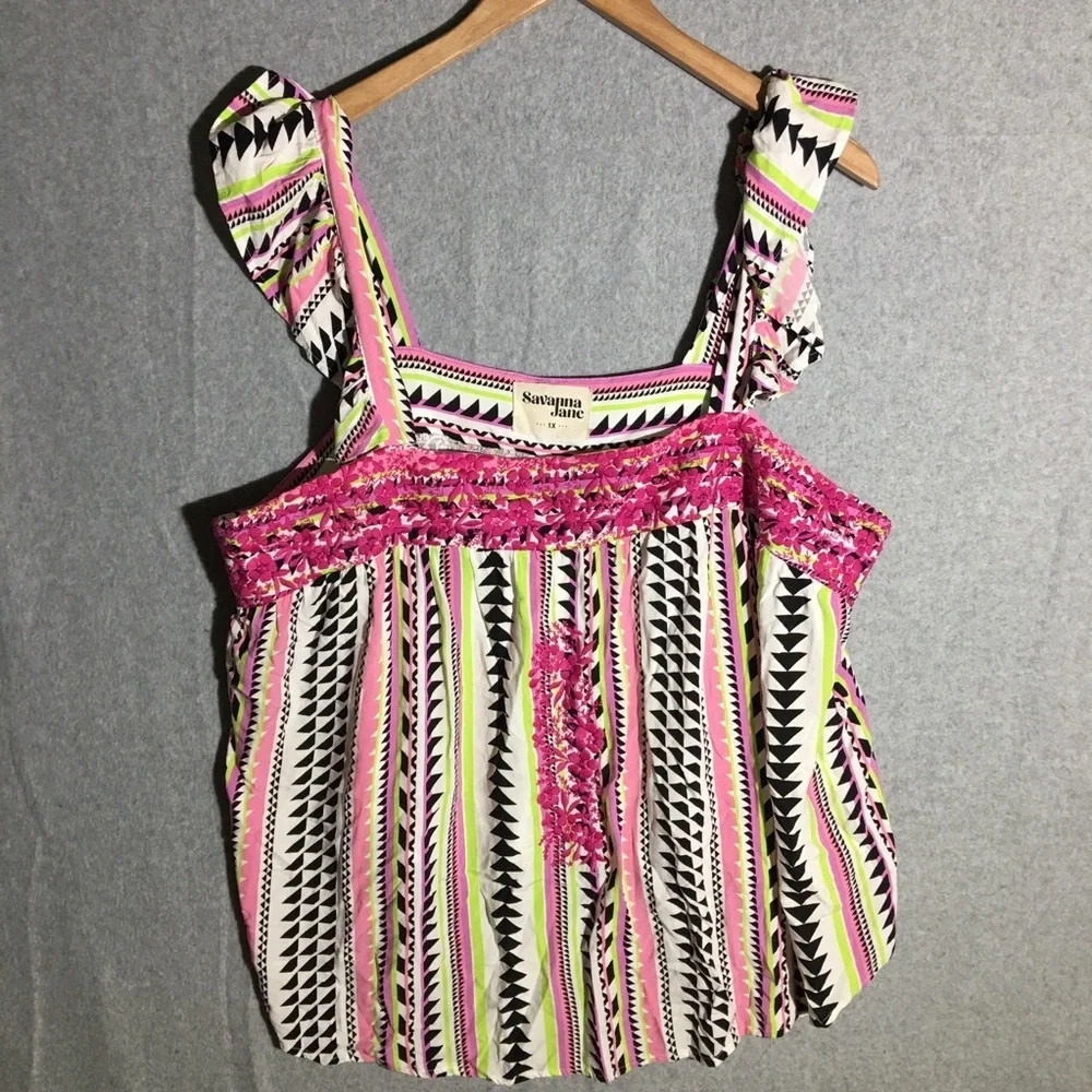 Womens Savanna Jane Tank Top Blouse Colorful Patterned Embroidered Childish